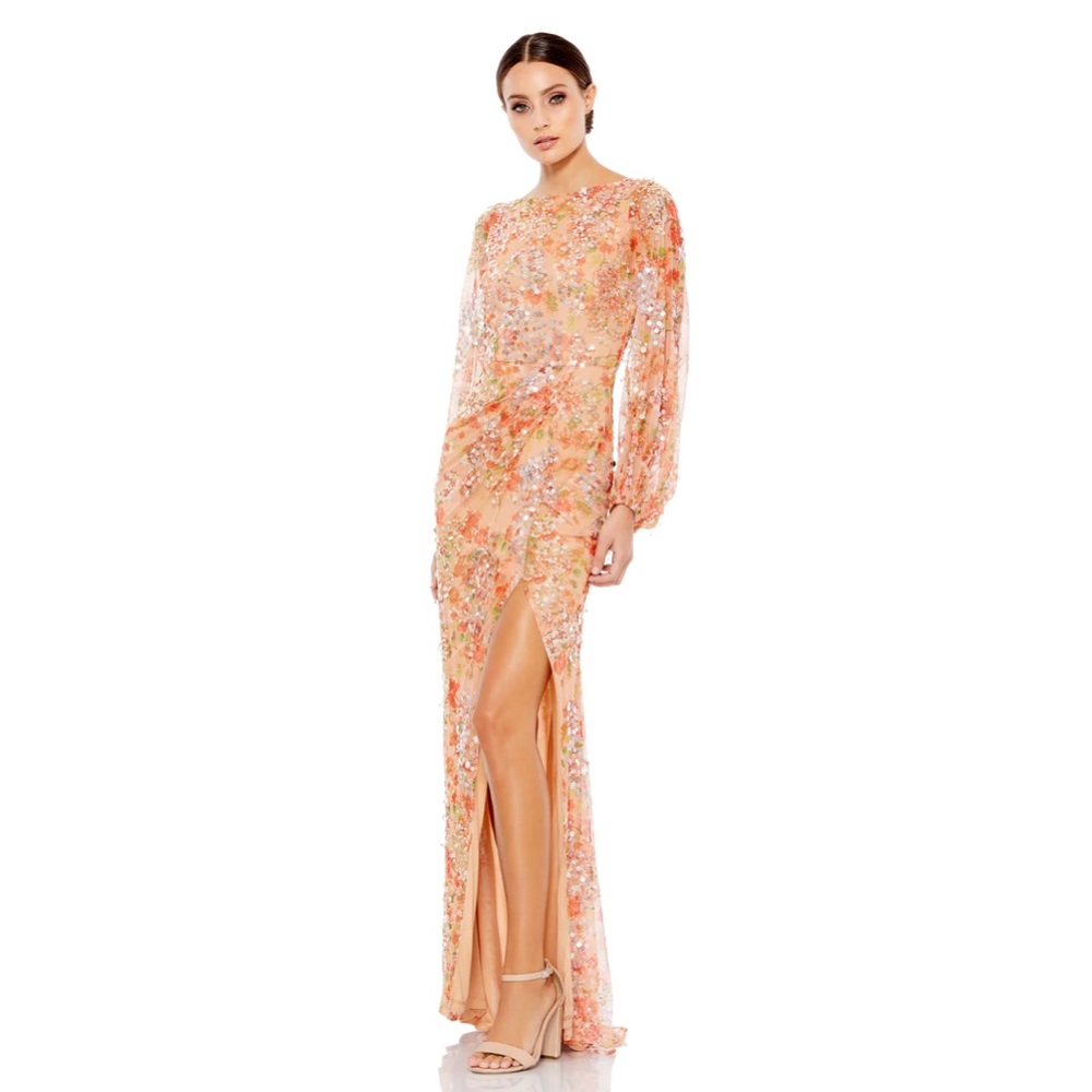 Mac Duggal FLORAL PRINT SEQUINED PUFF SLEEVE GOWN | Sz 14